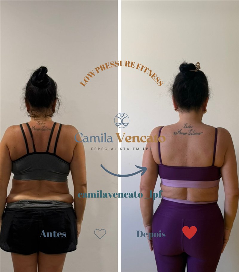 Antes e depois do corpo inteiro, vista de costas, de uma aluna do Método LPF com Camila Vencato