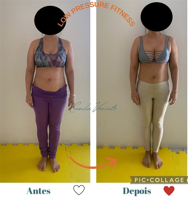 Antes e depois do corpo inteiro, vista de frente, de uma aluna do Método LPF com Camila Vencato