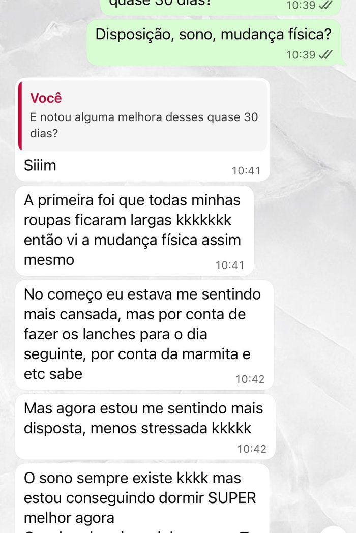 Relato de paciente sobre disposição, sono e mudanças físicas